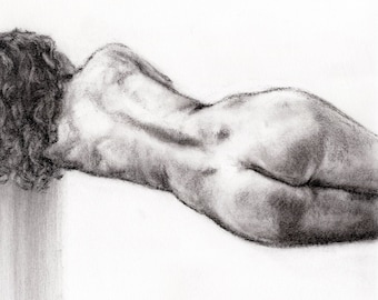 Original Charcoal Drawing Female Figure Black and White Drawing on Panel Wall Art for Bedroom Naked Woman Fine Art Gift Ready to Hang Decor