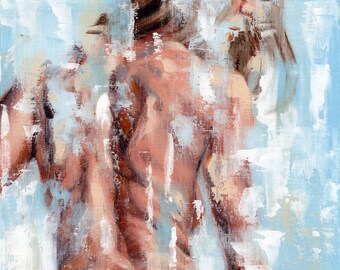 Nude Female Figure Art - Print of Original Oil Painting on Masonite - Jeremy Schilling Textural Erotic Naked Woman Post Shower Mirror 8X10in
