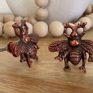 May include: Two copper-coloured bee-shaped cabinet knobs with detailed wings and a textured body. The knobs are on a wooden surface. Hip N Humble Hardware is printed below the knobs.