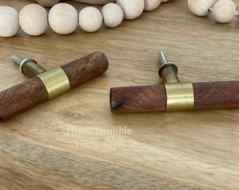 75mm T Bar Mango Wood & Metal Gold Handle/Knob