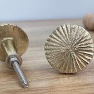 May include: Two brass cabinet knobs with a textured, sunburst design. The knobs are round with a central screw for mounting. One knob is shown from the side, revealing the screw and mounting hardware. The knobs are on a wooden surface.