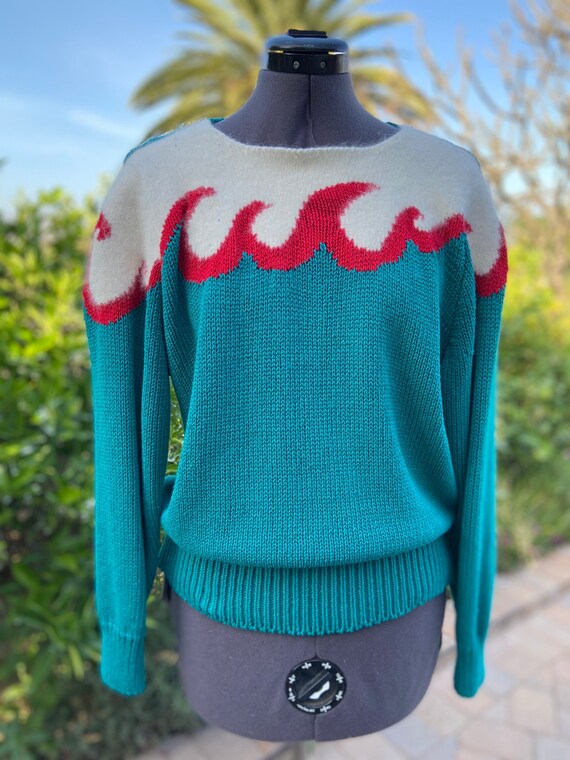 shopvintageclectic Beautiful Turquoise Color Ocean Waves Design Sweater/Pullover by Kristina