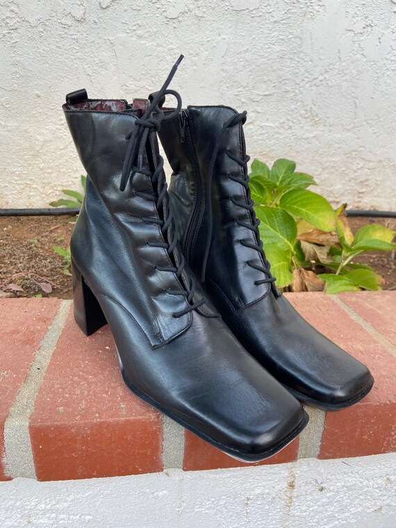 90's Nine West Black Square Toe Lace up Boots-Size
