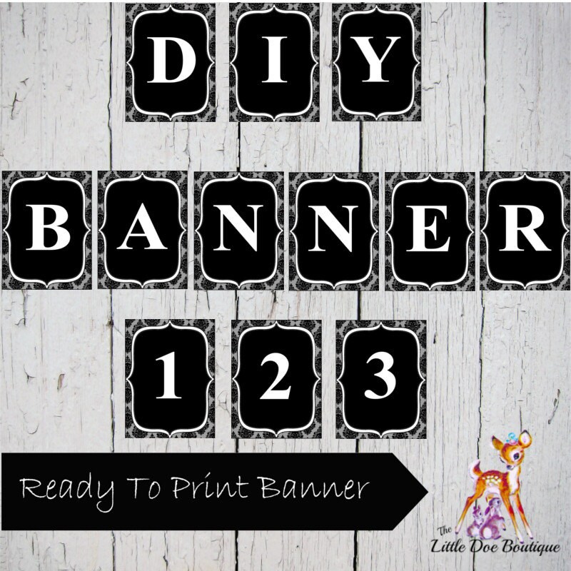 diy printable 5x7 damask black gray white alphabet banner etsy