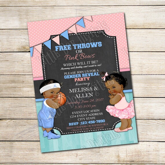 Personalized Free Throws or Pink Bows Gender Reveal Party Invitations 5x7 o...