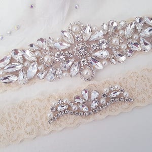 Ivory Beaded Lace Wedding Garter, Bridal Garter Set, Wedding Garter Set, Keepsake Garter, Toss Garter, Customizable Handmade-Style 825