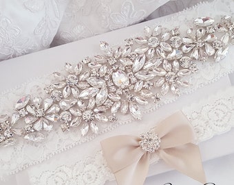 Wedding Garter Set, Bridal Garter set, Lace Garter set, Crystal Bridal Garter, Silver Wedding Garter, Gold Wedding Garter