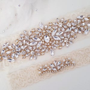 Ivory Beaded Lace Wedding Garter, Bridal Garter Set, Gold Wedding Garter Set, Keepsake Garter, Toss Garter, Customizable Handmade