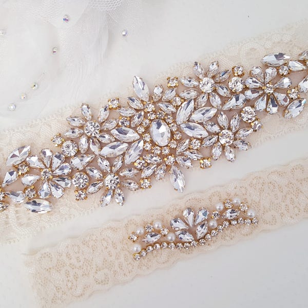 Ivory Beaded Lace Wedding Garter, Bridal Garter Set, Gold Wedding Garter Set, Keepsake Garter, Toss Garter, Customizable Handmade