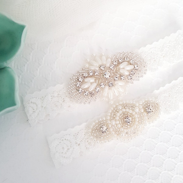 Zestaw podwiązek ślubnych Beach Bride Lace, perłowa podwiązka z kryształkami na wesele w stylu boho chic, dodatki ślubne