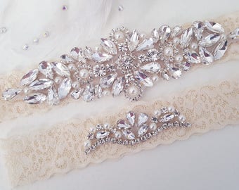 Ivory Beaded Lace Wedding Garter, Bridal Garter Set, Wedding Garter Set, Keepsake Garter, Toss Garter, Customizable Handmade-Style 825