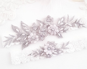 Botanische Lace Bridal Wedding kousenband, grijze bloemen, Vintage Pearl kouseband voor de bruid, lente bruiloft