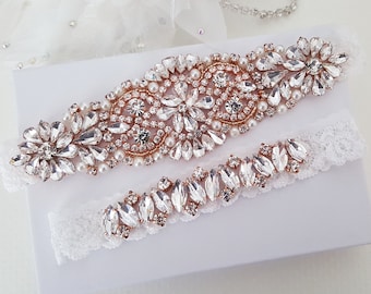 Rose Gold Bridal Garter, Lace Wedding Garter Set, Bridal Garter Set, Vintage Wedding-Style 795B