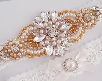 Wedding Garter Set, Bridal Garter set, Lace Garter set, Crystal Bridal Garter, Gold Wedding Garter, Gold Bridal Garter
