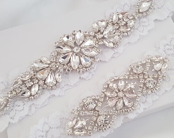 Crystal Wedding Garter Set, Stretch Lace Garter, Rhinestone Crystal Bridal Garters, Bridal Garter