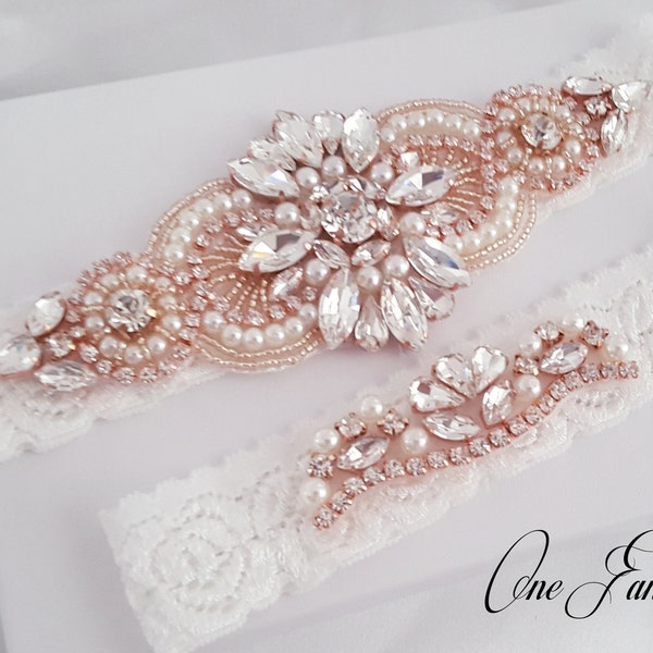 Sale -Wedding Garter and Toss Garter-Crystal Rhinestone with Rose Gold Details - Bridal Garter Set