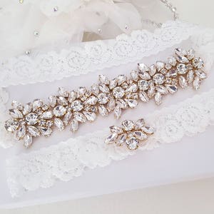 Gold Wedding Garter, Lace Wedding Garter Set, Bridal Garter Set, Rhinestone Garter Set, Gold-Style 832
