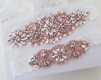 Rose Gold Bridal Garter, Lace Wedding Garter Set, Bridal Garter Set, Vintage Wedding-Style 795