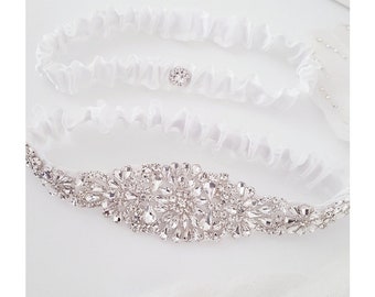Wedding Garter, Garters for Bride, White garterbelt, Bridal Garter, Satin Garter Belt, Garter Set - Crystal Rhinestone - Style 790
