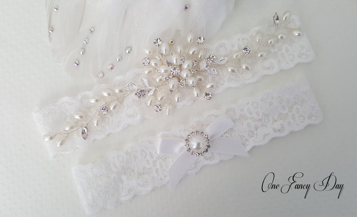 Wedding Garter Bridal Garter Handmade With Pearl Beads and Clear Rhinestones
