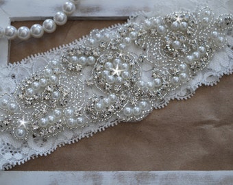 Wedding Garter, Bridal Garter, Vintage Wedding, Lace Garter, Crystal Garter, Pearl Garter -Style 200