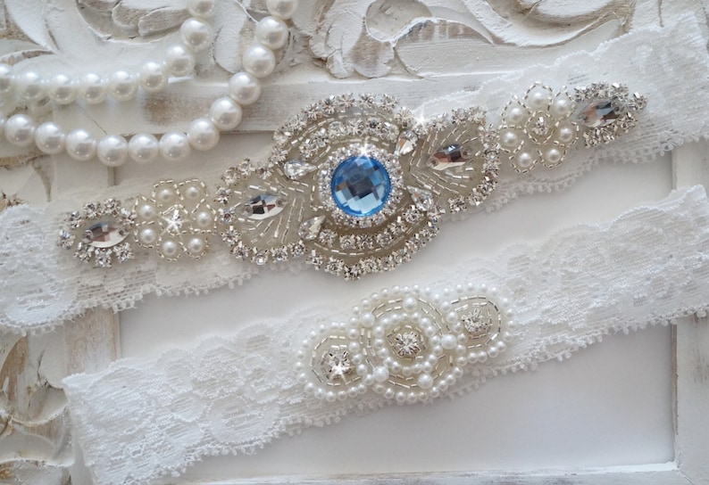 Bridal Garter Set Ivory Lace Garter Wedding Garter Set Vintage Wedding Crystal Garter Set Something Blue