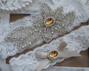 Conjunto de liga de boda, conjunto de liga de novia, boda vintage, liga de encaje de marfil, juego de liga de cristal, liga de champán