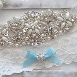 Wedding Garter Set, Bridal Garter Set, Vintage Wedding, Pearl Garter, Something Blue Style 750 image 2