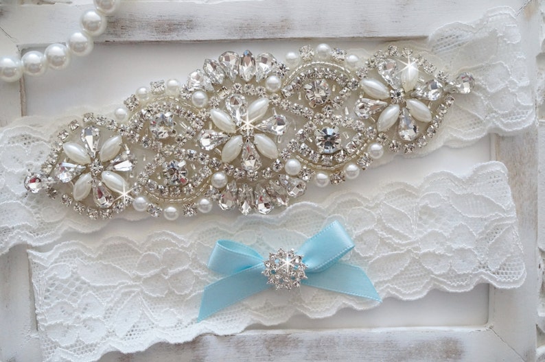 Wedding Garter Set, Bridal Garter Set, Vintage Wedding, Pearl Garter, Something Blue Style 750 image 2