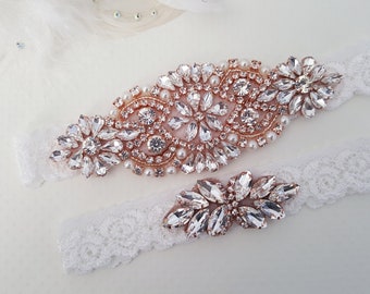 Wedding Garter, Lace Wedding Garter Set, Bridal garter set, Rose Gold Garters, Silver Bridal Garter - Style 795