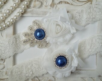 Conjunto de liga de boda, conjunto de liga de novia, boda vintage, liga de encaje de marfil, conjunto de liga de cristal, algo azul