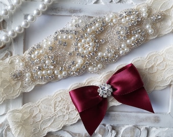 Wedding Garter - Bridal Garter - Pearl and Crystal Rhinestone Garter and Toss Garter Set-Style 200
