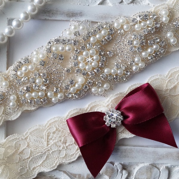 Mariage jarretière - jarretière de mariée - perle et strass au point mousse et lancer jarretière ensemble Style 200