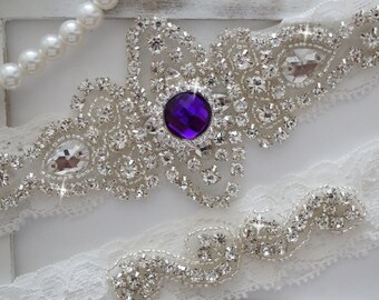 SALE - Wedding Garter Set, Bridal Garter Set, Vintage Wedding, Ivory Lace Garter, Purple Wedding Garter - Style 100D