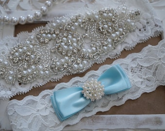 Wedding Garter Set, Bridal Garter Set, Vintage Wedding, Ivory Lace Garter, Pearl Garter, Something Blue