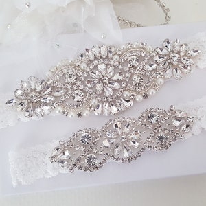 Custom Bridal Garter Set, Vintage Wedding, Crystal Garter Set, Stretch Lace Garter