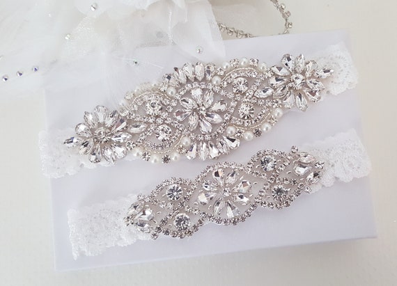 Garter Bridal Garter Heirloom Wedding Garter Crystal Bridal Garter Set Vintage Inspired Ivory Wedding Stretch Lace Garter