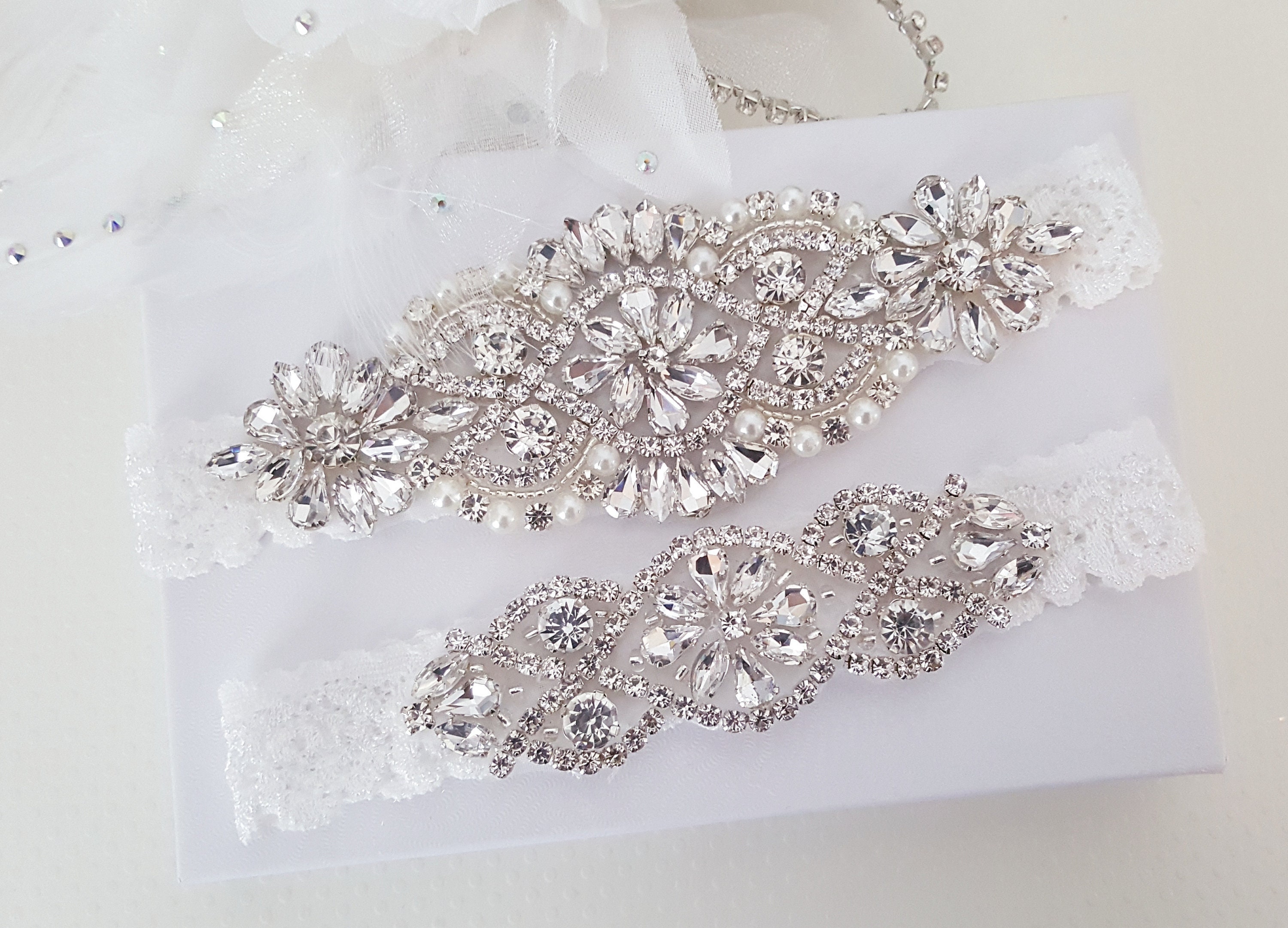 Custom Bridal Garter Set, Vintage Wedding, Crystal Garter Set, Stretc…