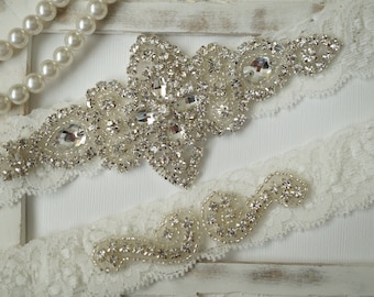 SALE - Wedding Garter Set, Bridal Garter Set, Vintage Wedding, Lace Garter, Crystal Garter Set - Style 100A