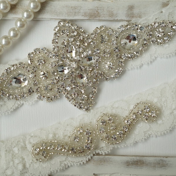 VERKOOP - bruiloft Kousenband Set, bruids Kousenband ingesteld, Vintage bruiloft, Lace kousenband, Crystal Kousenband - stijl 100A