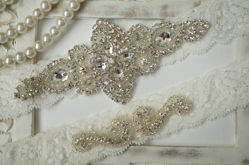 SALE - Wedding Garter Set, Bridal Garter Set, Vintage Wedding, Lace Garter, Crystal Garter Set - Style 100A 