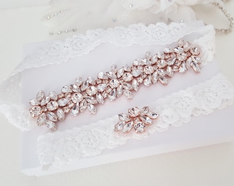 Rose Gold Wedding Garter, Lace Wedding Garter Set, Bridal Garter Set, Rhinestone Garter Set, Rose Gold-Style 832