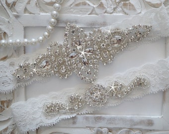 Wedding Garter Set, Bridal Garter Set, Vintage Wedding, Lace Garter, Crystal Garter Set - Style 100A