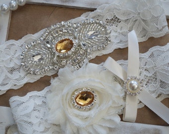 Wedding Garter Set, Bridal Garter Set, Vintage Wedding, Ivory Lace Garter, Crystal Garter Set, Gold Bridal Garter