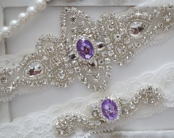 SALE - Wedding Garter Set, Bridal Garter Set, Vintage Wedding, Ivory Lace Garter, Purple Wedding Garter- Style 100C - Style 100C