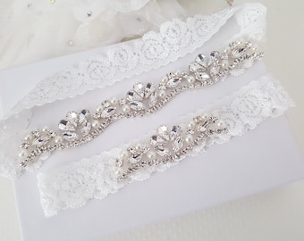 HeirloomGarter, Crystal Bridal ribbelst, kant Kousenband bruiloft ingesteld, bruids kousenband, Vintage bruiloft-stijl 834