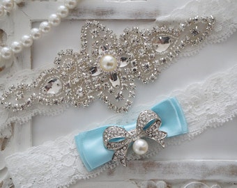 Wedding Garter Set, Bridal Garter Set, Vintage Wedding, Crystal Garter Set, Something Blue