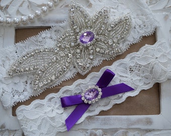 Wedding Garter Set, Bridal Garter Set, Vintage Wedding, Ivory Lace Garter, Crystal Garter Set, Purple Bridal Garter