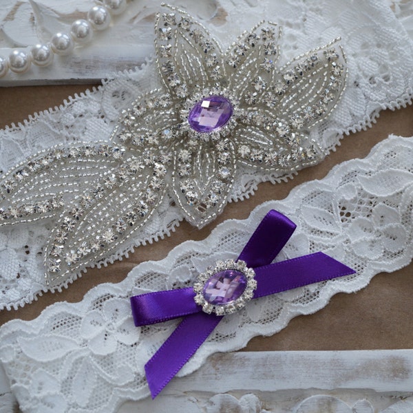 Wedding Garter Set, Bridal Garter Set, Vintage Wedding, Ivory Lace Garter, Crystal Garter Set, Purple Bridal Garter