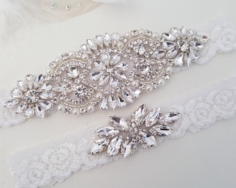 Wedding Garter, Lace Wedding Garter Set, Bridal garter set, Silver Bridal Garter, Rose Gold Garters - Style 795
